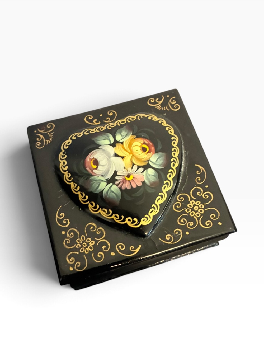 Vintage Black Lacquer Hand-Painted Black Floral Heart Trinket Box